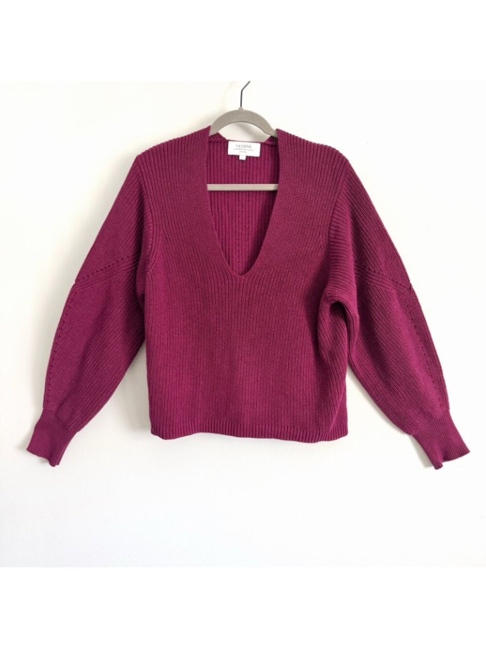 La Ligne Ribbed V-Neck Balloon Sleeve Knit Sweater Plum Burgundy Women’s Large - Picture 2 of 11